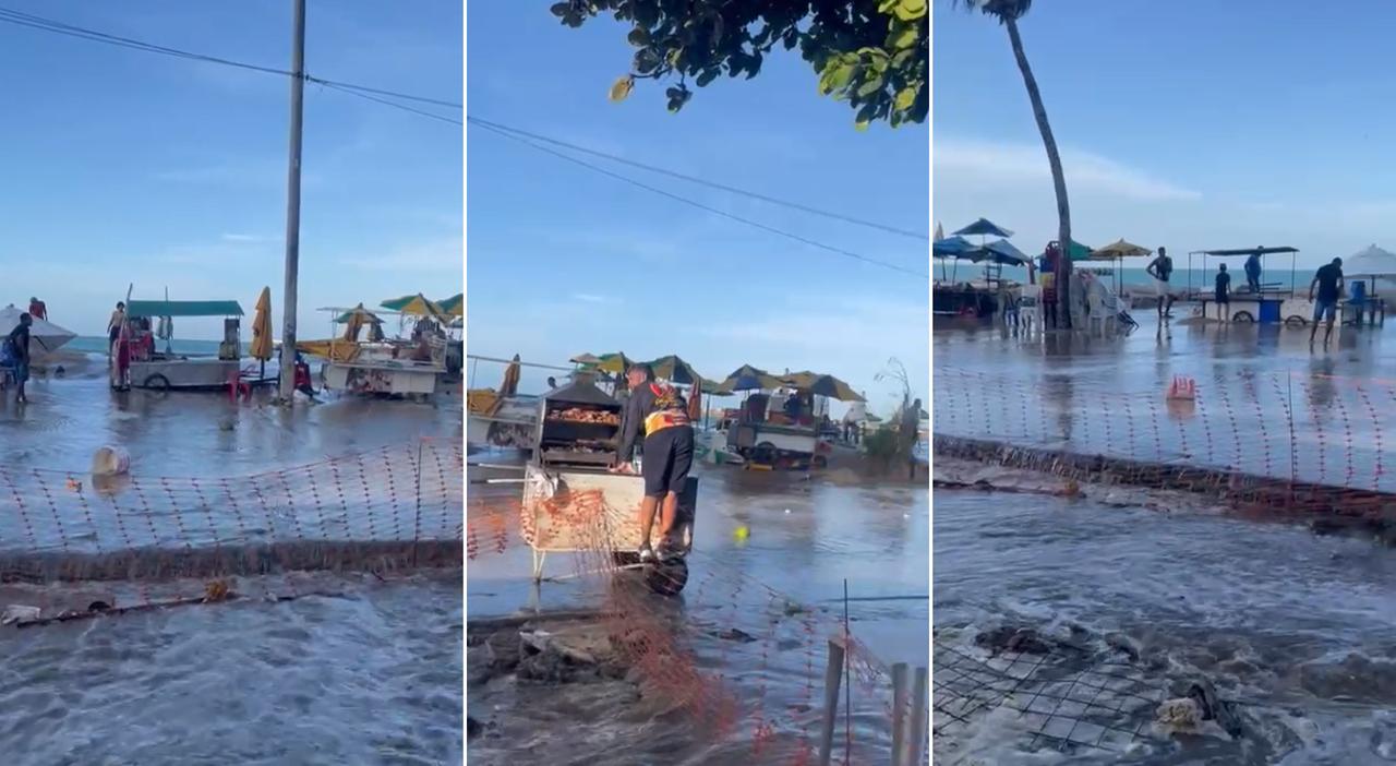 Montagem mostra imagens de mar invadindo e alagando Praia de Iracema, em Fortaleza, no dia 11 de janeiro de 2024. Da fase da lua a ondas swell: entenda fenômenos que causaram invasão do mar na Praia de Iracema