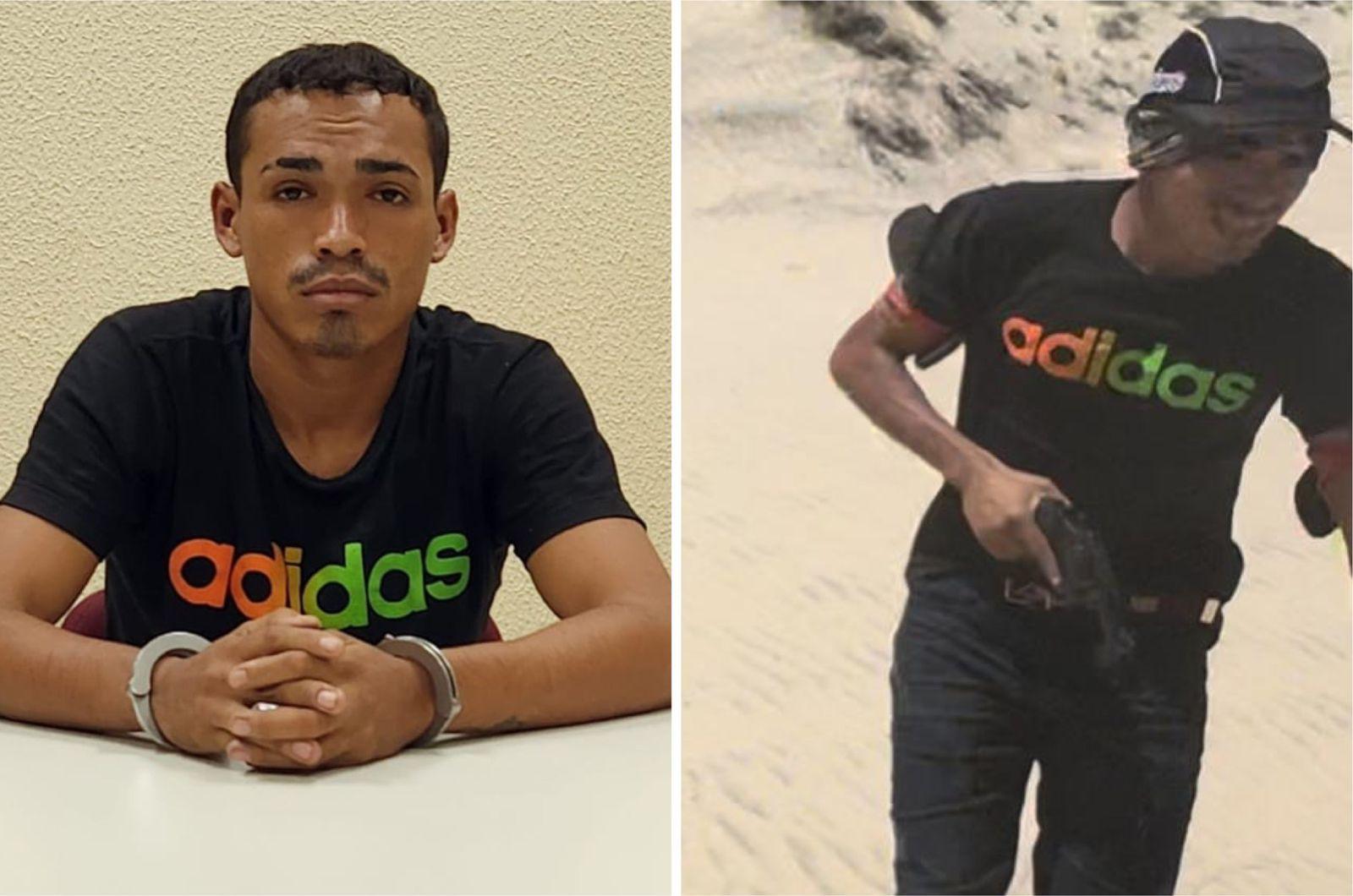 Montagem de fotos mostra o suspeito preso à esquerda e praticando a tentativa de assalto à direita