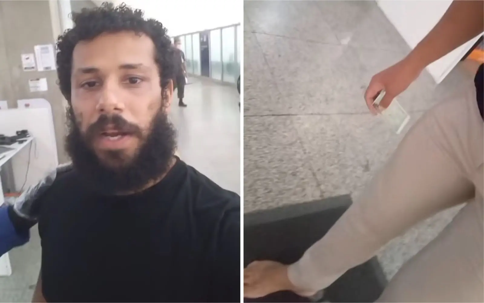 Montagem de fotos mostra Amaury Lorenzo nos Stories do Instagram mostrando que precisou ficar de pés descalços