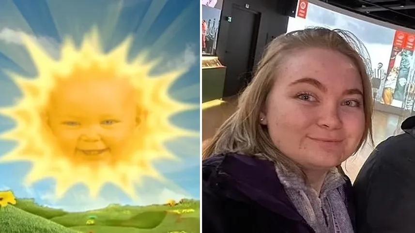 Montagem de fotos do bebê sol de Teletubbies e a atriz que fazia ele