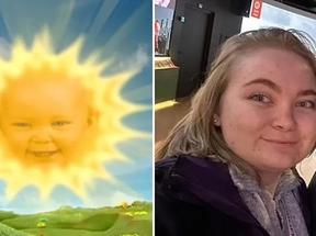 Montagem de fotos do bebê sol de Teletubbies e a atriz que fazia ele