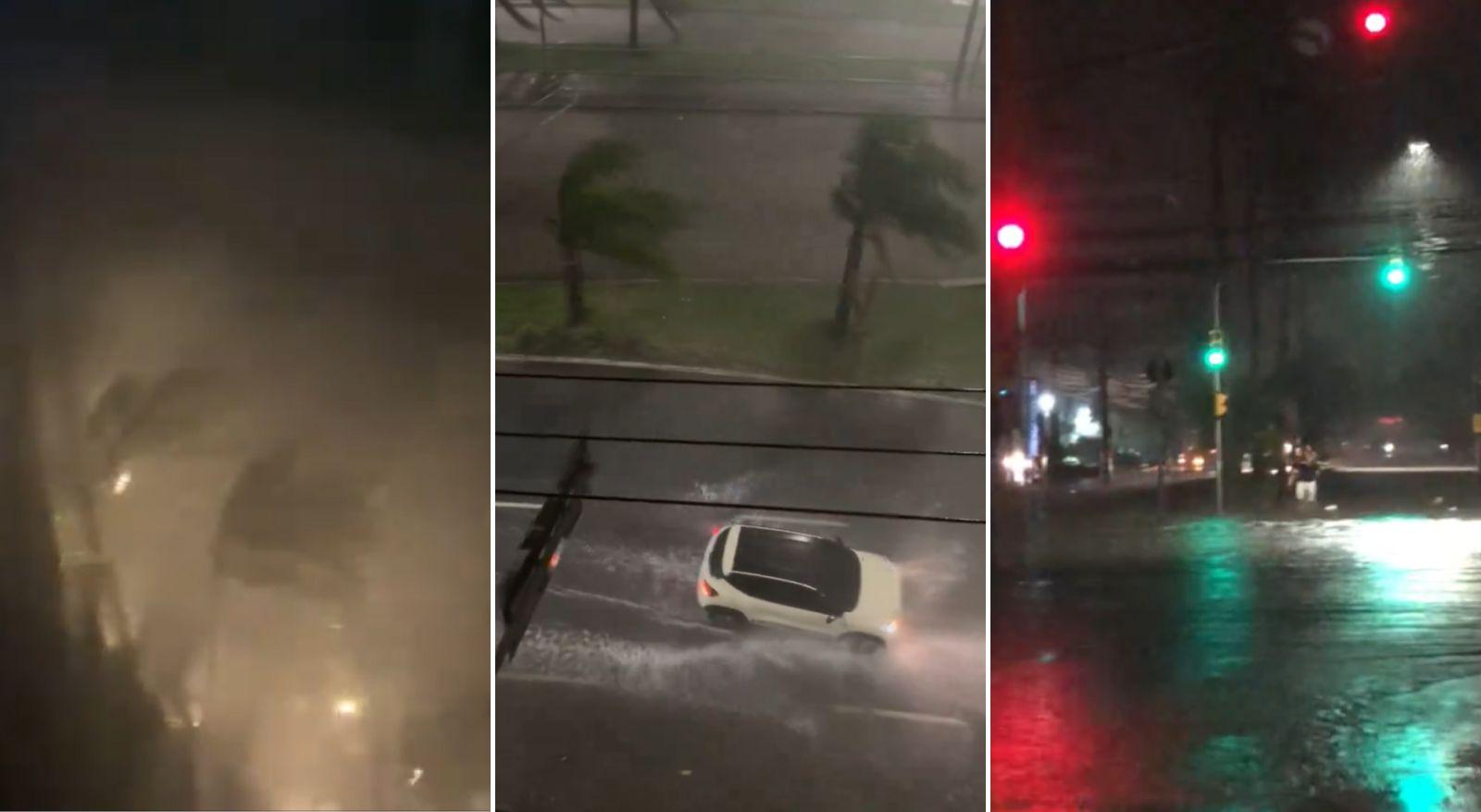 Montagem mostra prints de vídeos sobre tempestade em Porto Alegre no dia 16 de janeiro de 2024. Temporal em Porto Alegre causa alagamentos, falta de luz e chuva de granizo; veja vídeo