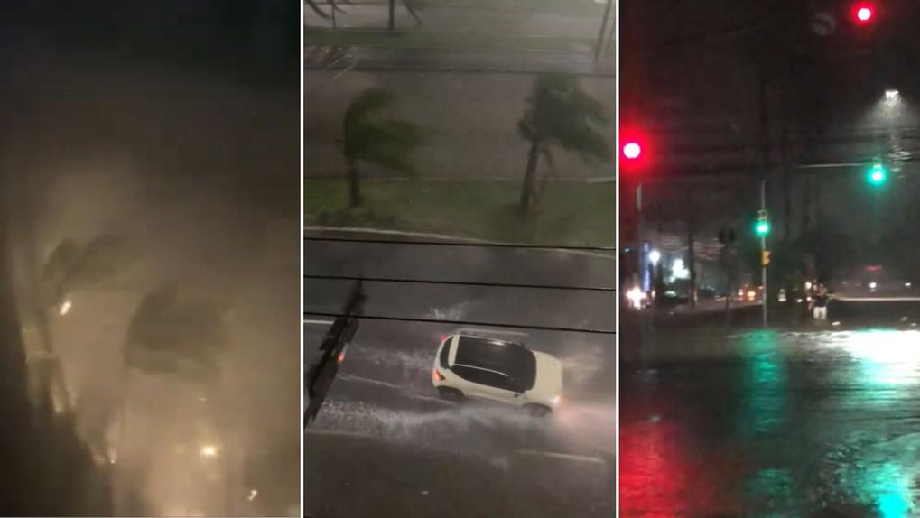 Montagem mostra prints de vídeos sobre tempestade em Porto Alegre no dia 16 de janeiro de 2024. Temporal em Porto Alegre causa alagamentos, falta de luz e chuva de granizo; veja vídeo