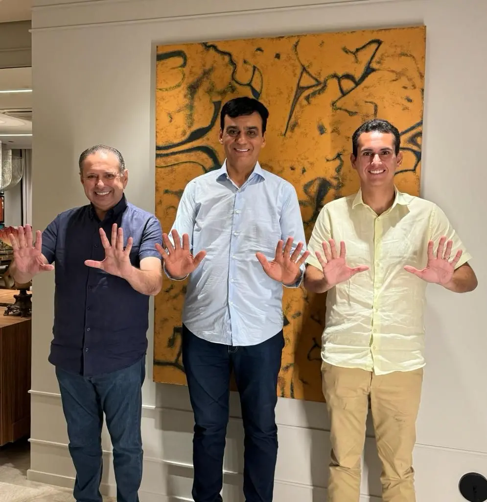 A imagem mostra os políticos Domingos Filho, Naumi Amorim e Domingos Neto, em ordem da esquerda para a direita. Domingos Filho é branco, tem cabelos grisalhos e veste uma blusa azul escura e uma calça jeans de lavagem escura. Já Naumi tem cabelos pretos e veste uma camisa azul clara e calça jeans escura. Domingos Neto tem cabelos pretos e veste uma camisa amarela e uma calça de cor cáqui. Os três estão em pé e fazem uma pose com as mãos abertas e os 5 dedos de cada mão à mostra para a câmera, em referência ao número de urna do PSD, que é 55.