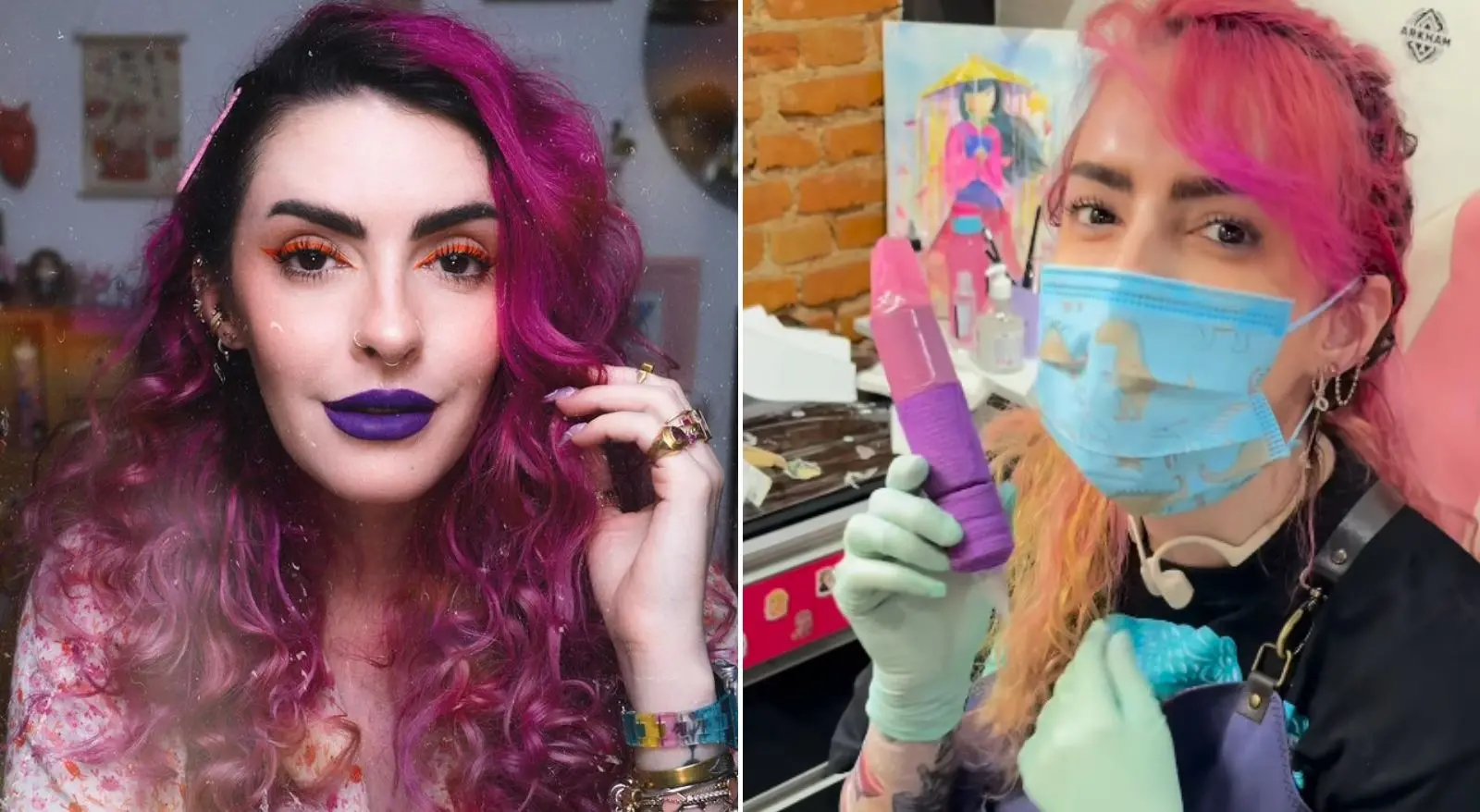 Montagem mostra selfie Karen Bachini ao lado de foto dela vestida com EPIs para fazer tatuagem. Karen Bachini começa a tatuar e é criticada por cobrar R$ 2 mil em tatuagem