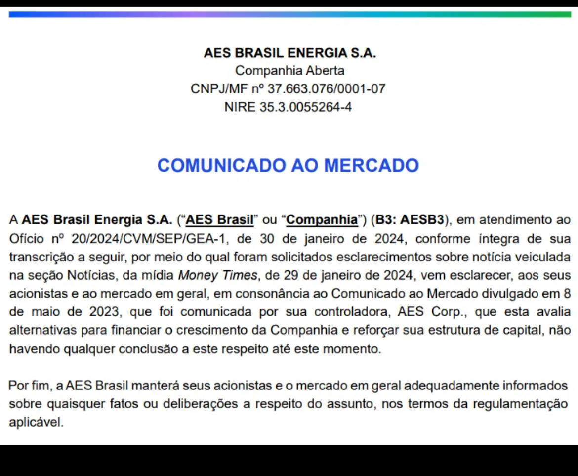 A empresa publicou comunicado para o mercado