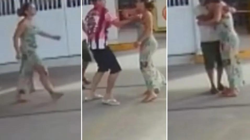Frames de vídeo onde mulher leva golpe de canivete durante briga em posto de combustíveis de Fortaleza