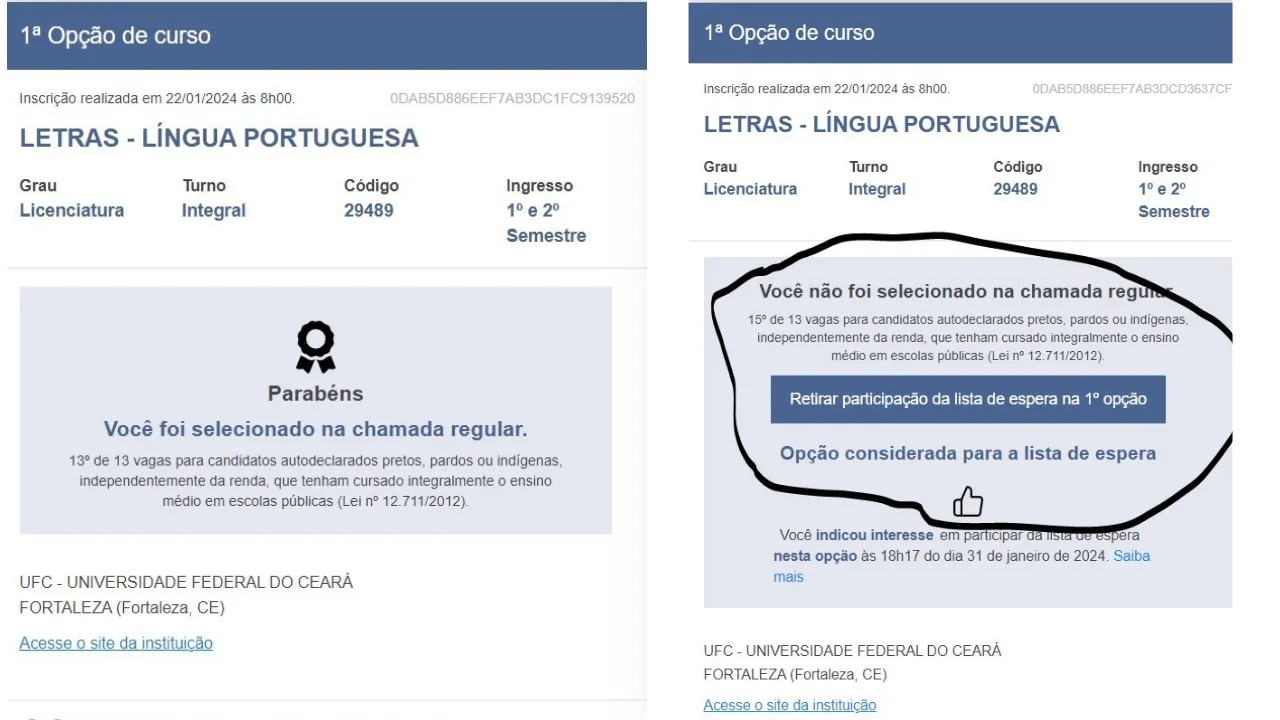 Estudante registrou a mudança no resultado da seleção