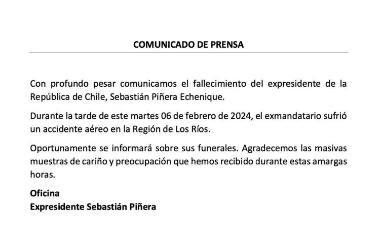 Morte de Piñera foi confirmada pelo gabinete do ex-presidente