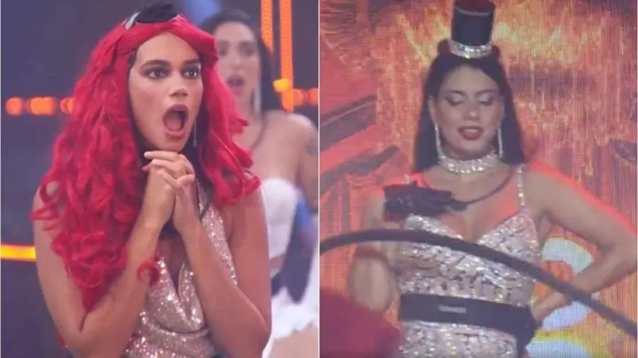 Montagem mostra cara de Alane ao ver apresentação de Fernanda durante primeira festa do líder do BBB 24. Primeira festa do líder do BBB 24 tem dança burlesca e caricias entre brothers; veja resumo