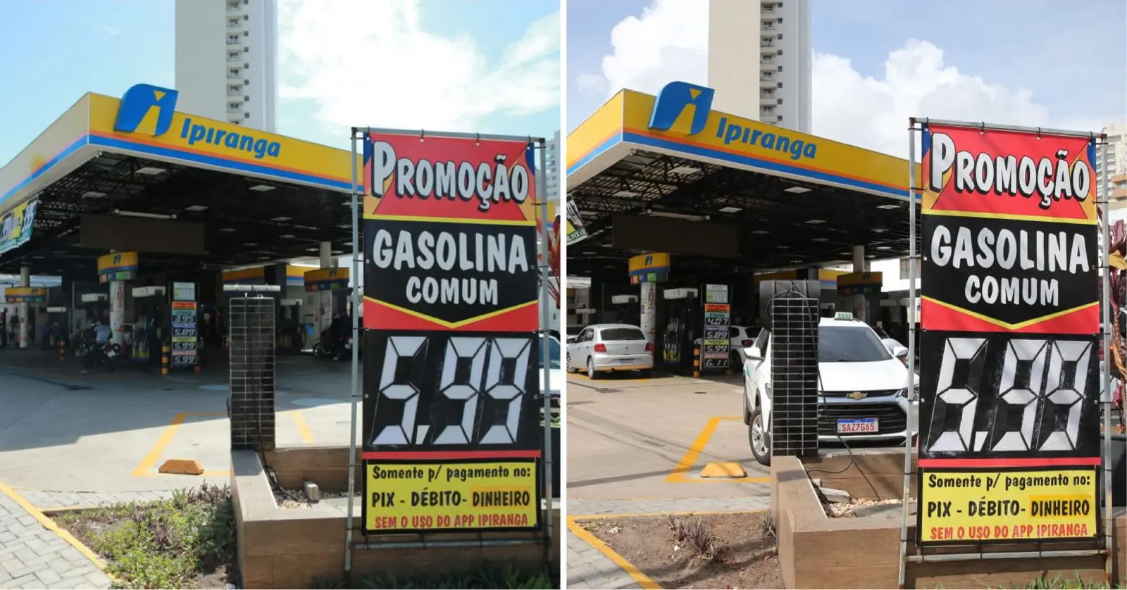 Montagem de fotos mostra antes e depois de preços aplicados em posto de combustíveis