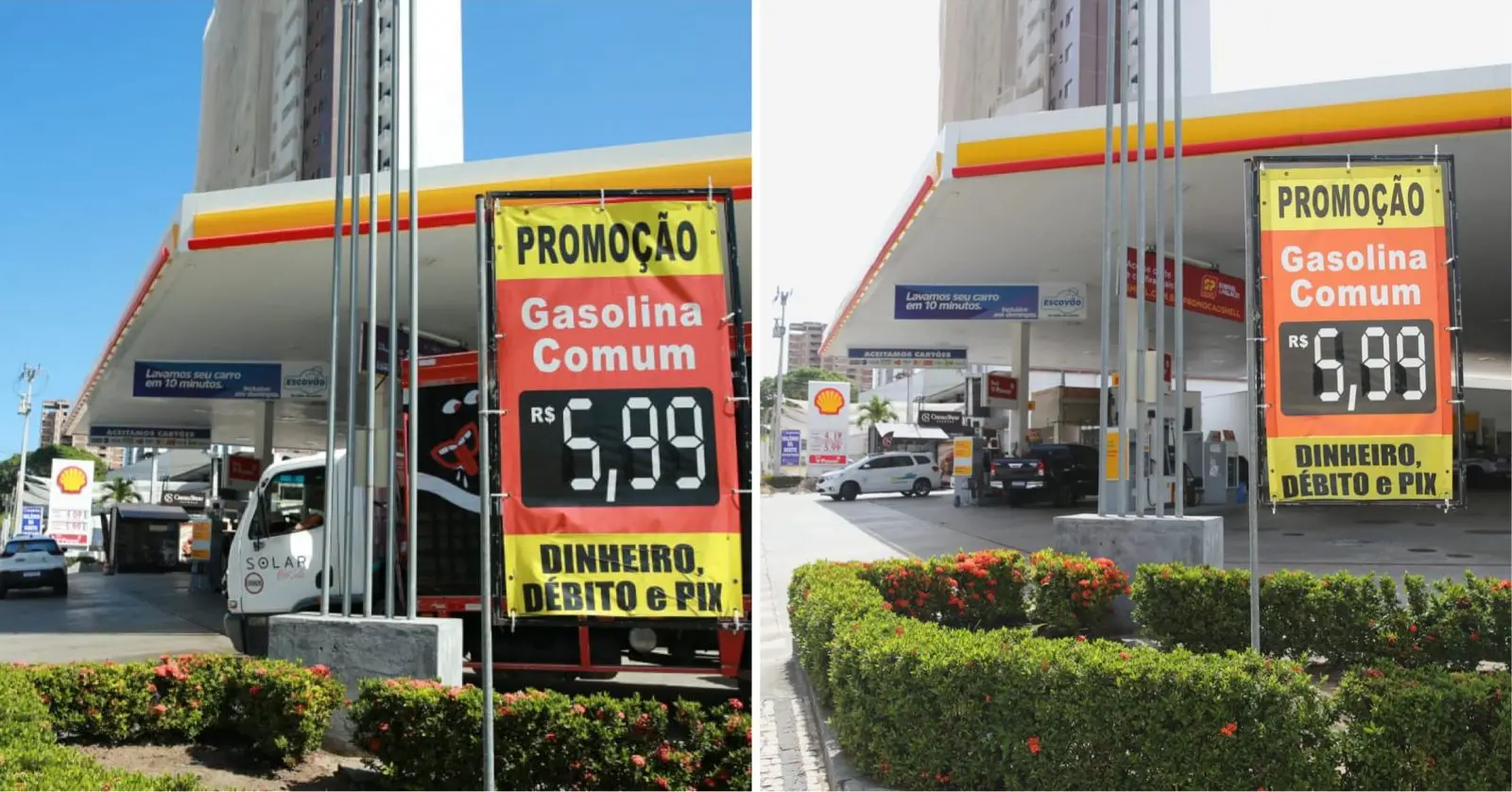 Montagem de fotos mostra antes e depois de preços aplicados em posto de combustíveis