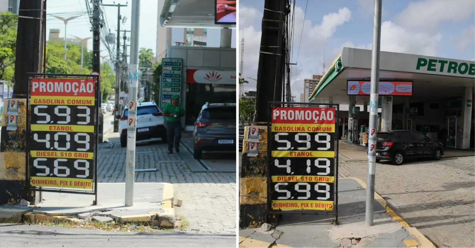 Montagem de fotos mostra antes e depois de preços aplicados em posto de combustíveis