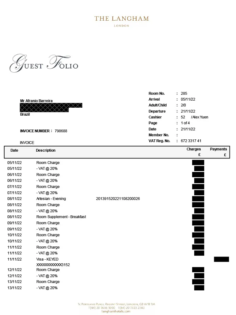 Prints de documentos de hotel demonstrariam que o empresário estava em Londres