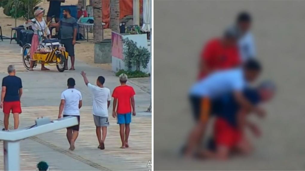 Montagem de fotos mostra trio seguindo homem e depois o agredindo na faixa de areia da Beira Mar