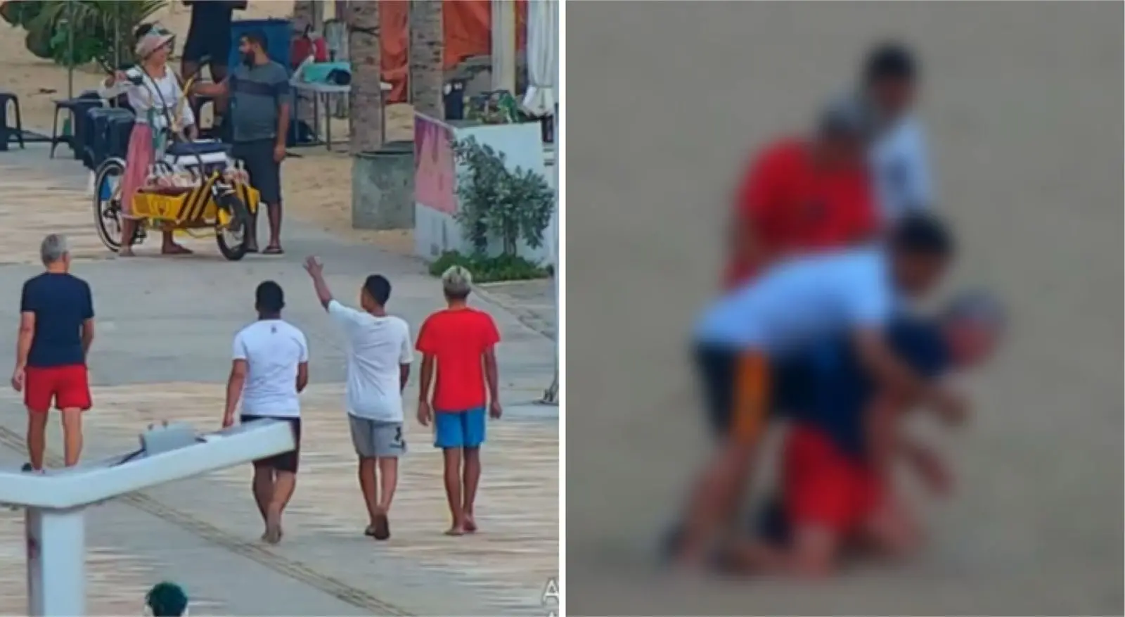 Montagem de fotos mostra trio seguindo homem e depois o agredindo na faixa de areia da Beira Mar