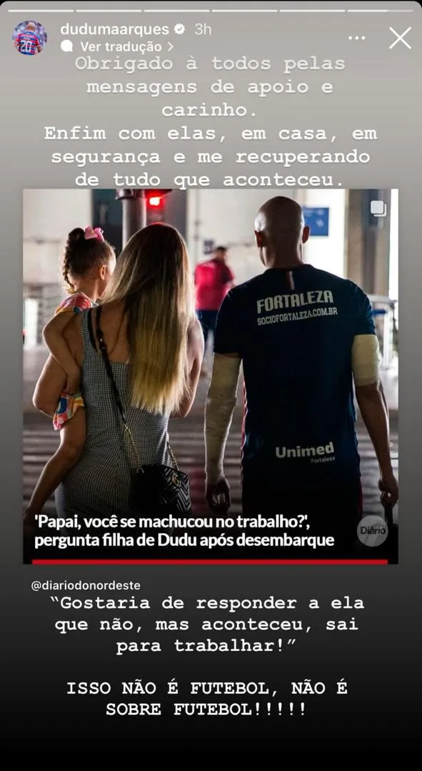 Em publicação em suas redes sociais, na noite desta quinta-feira, o jogador comentou a publicação e agradeceu o apoio recebido.