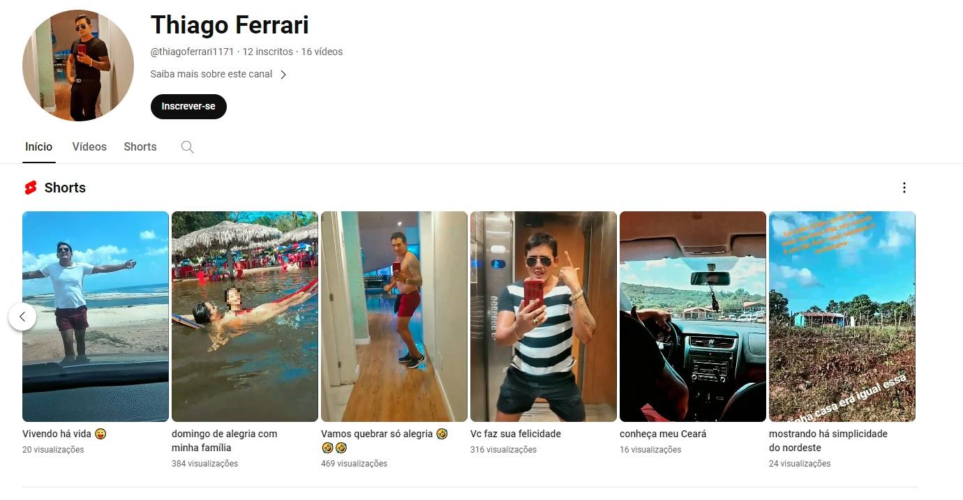 Página do YouTube do suspeito Thiago Ferrari