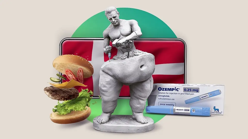 Montagem de um homem aplicando o remédio ozempic em um corpo misto entre obeso e magro