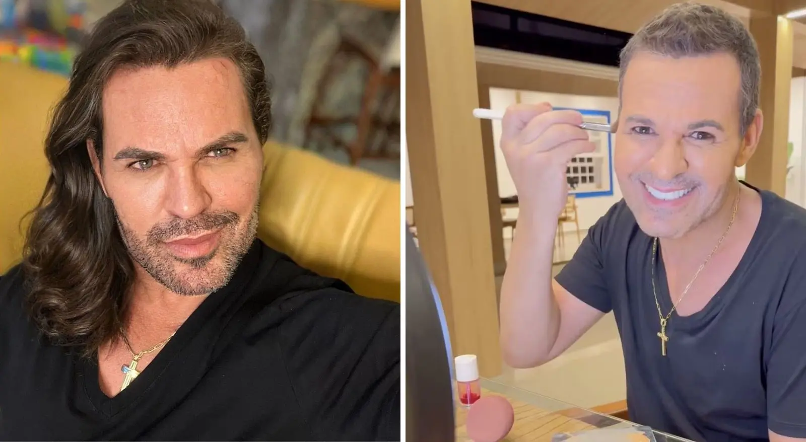 Imagem mostra antes e depois de cantor Eduardo Costa. Eduardo Costa muda visual e surge irreconhecível: veja antes e depois