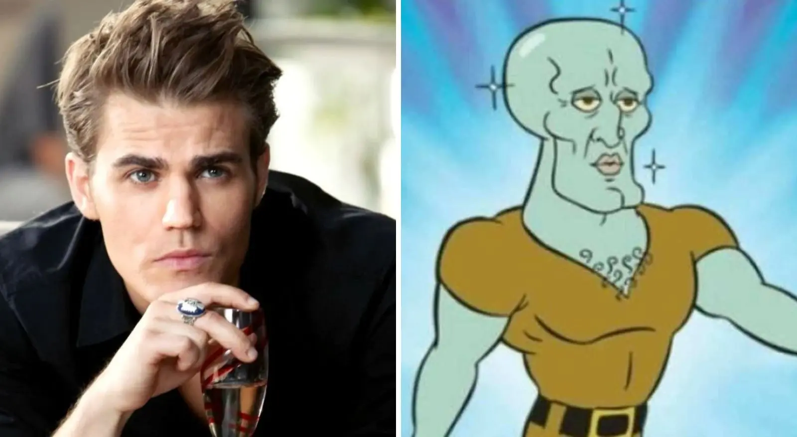 Montagem traz fotos dos personagens Stefan Salvatore, da série Diário de um Vampiro, e Lula Molusco bonitão.