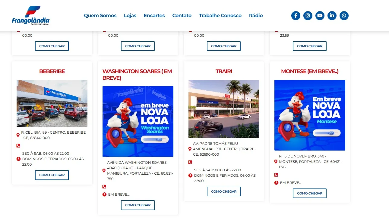 Site do Frangolândia Supermercados indicando as duas novas lojas em Fortaleza
