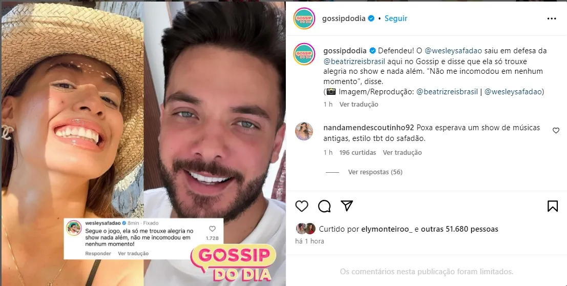 O  cantor Wesley Safadão saiu em defesa da Beatriz e fez um comentário em uma página nas redes sociais: “Não me incomodou em nenhum momento”, disse