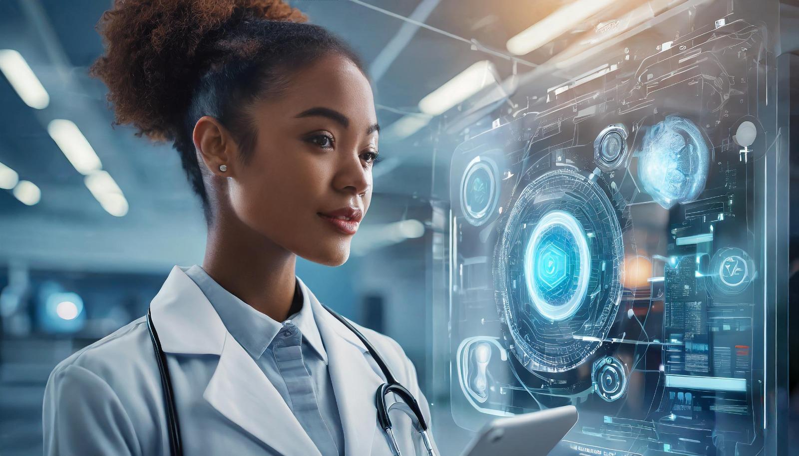 Médica negra de cabelo amarrado observa imagens tecnológicas em uma espécie de holograma