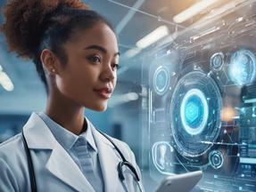 Médica negra de cabelo amarrado observa imagens tecnológicas em uma espécie de holograma