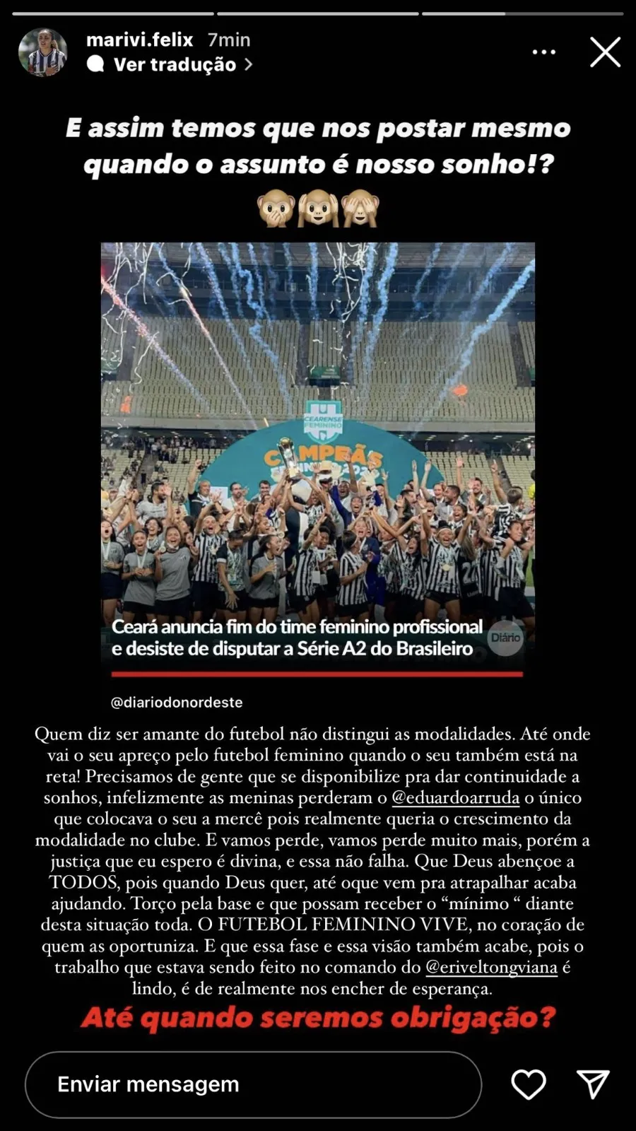 Mariana Vitória, atacante, em uma rede social.