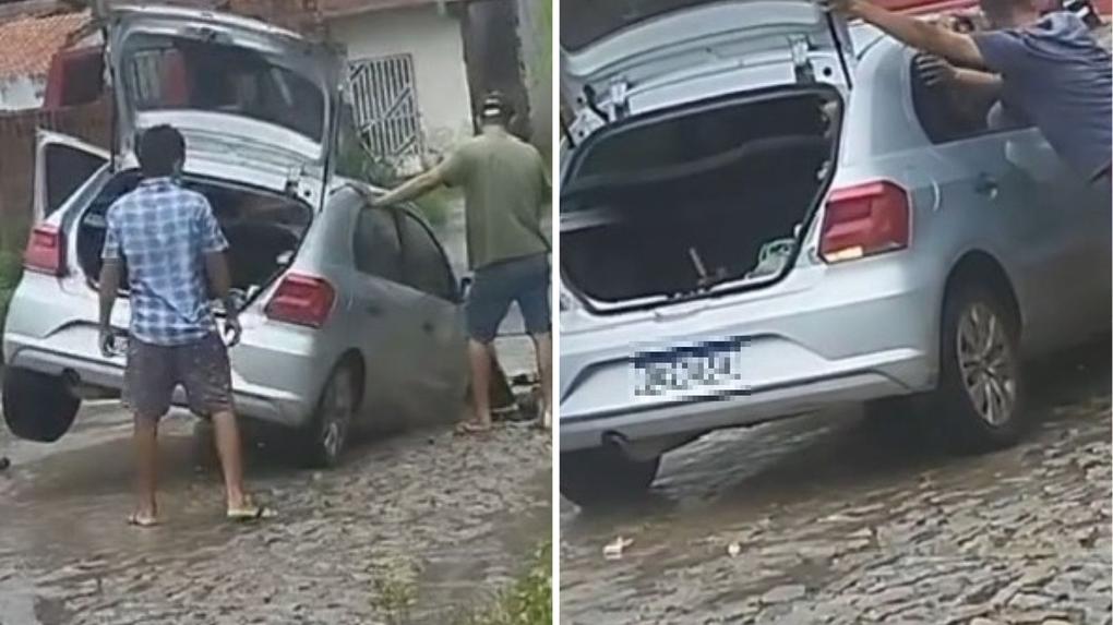 Montagem de fotos mostra carro caído em buraco em Horizonte