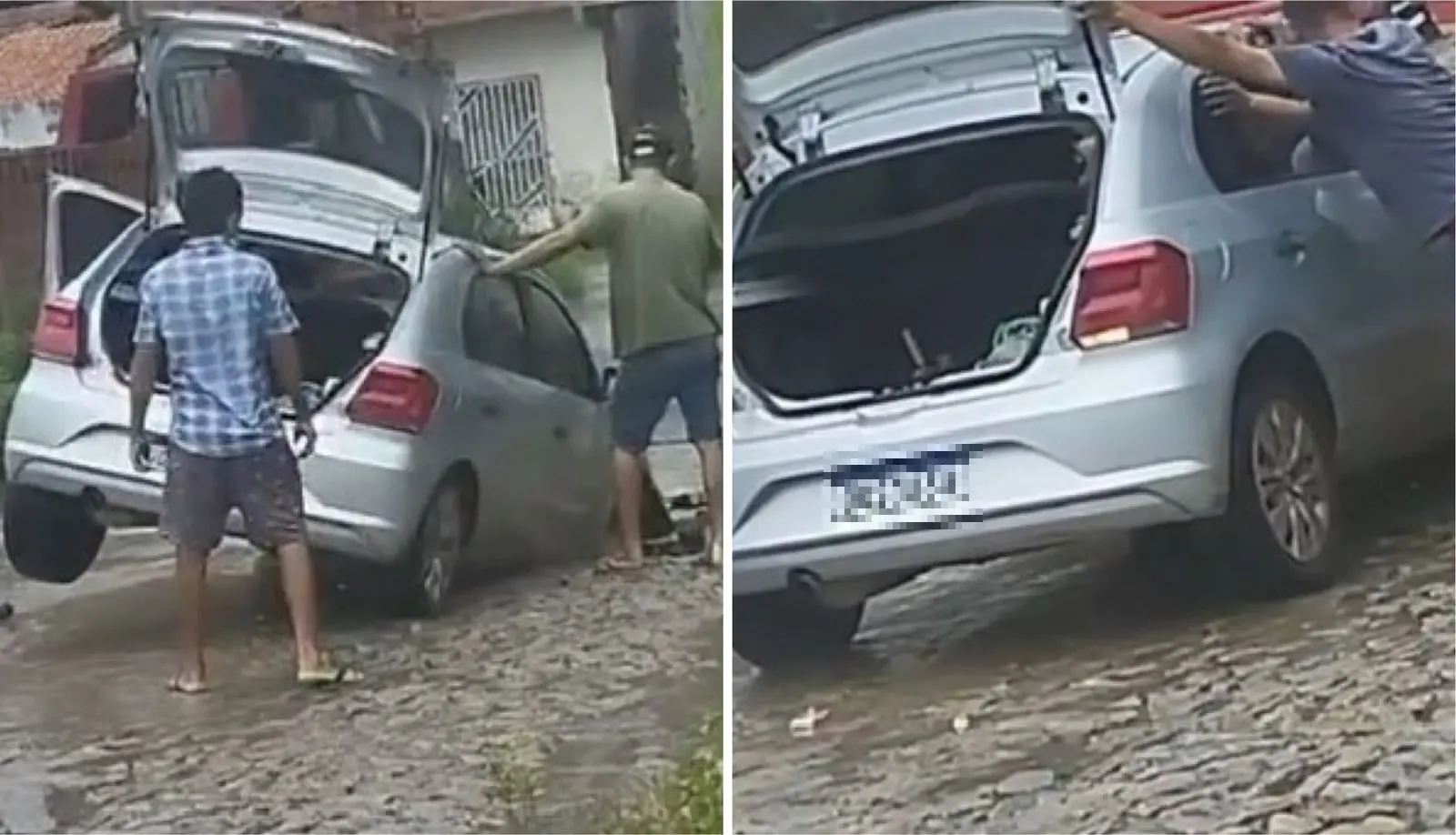 Montagem de fotos mostra carro caído em buraco em Horizonte