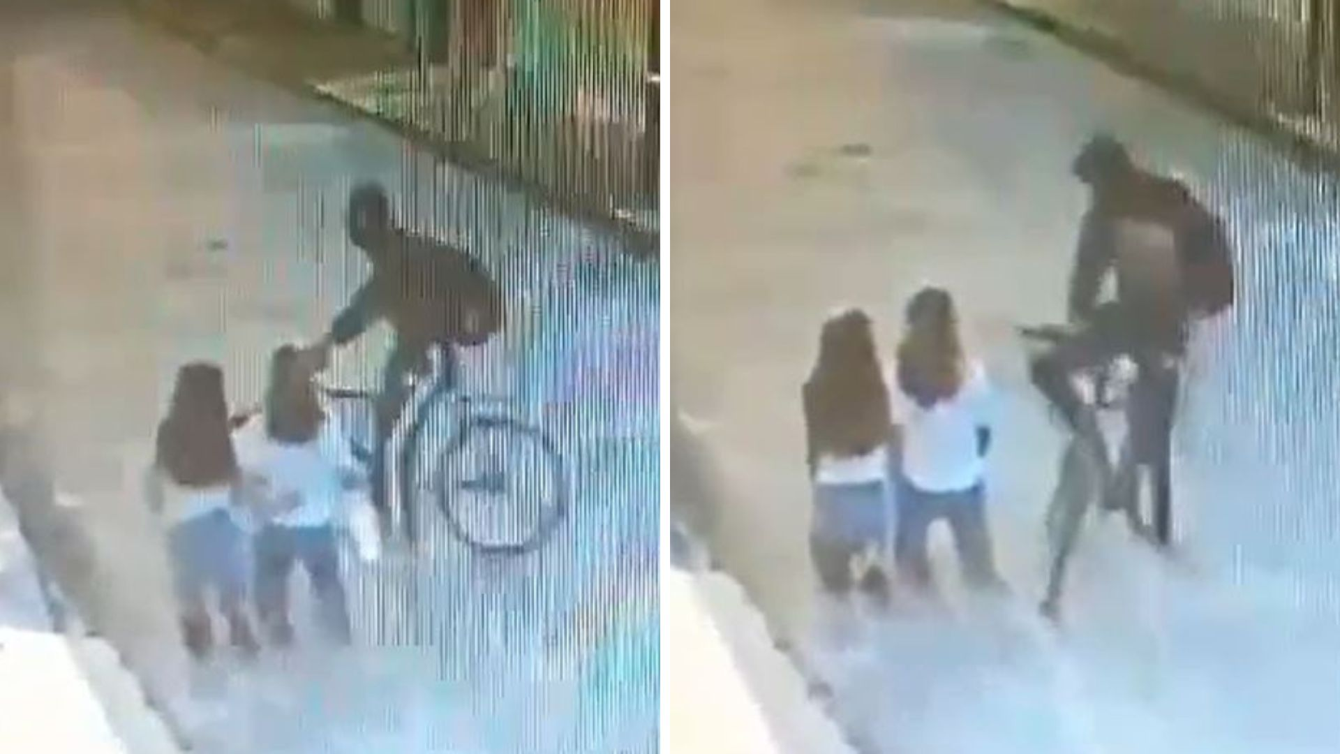 montagem com frames de vídeo mostrando assaltante em bicicleta e vítimas ajoelhadas