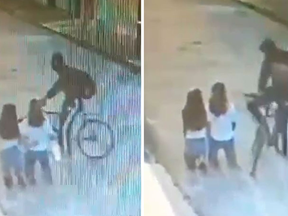 montagem com frames de vídeo mostrando assaltante em bicicleta e vítimas ajoelhadas