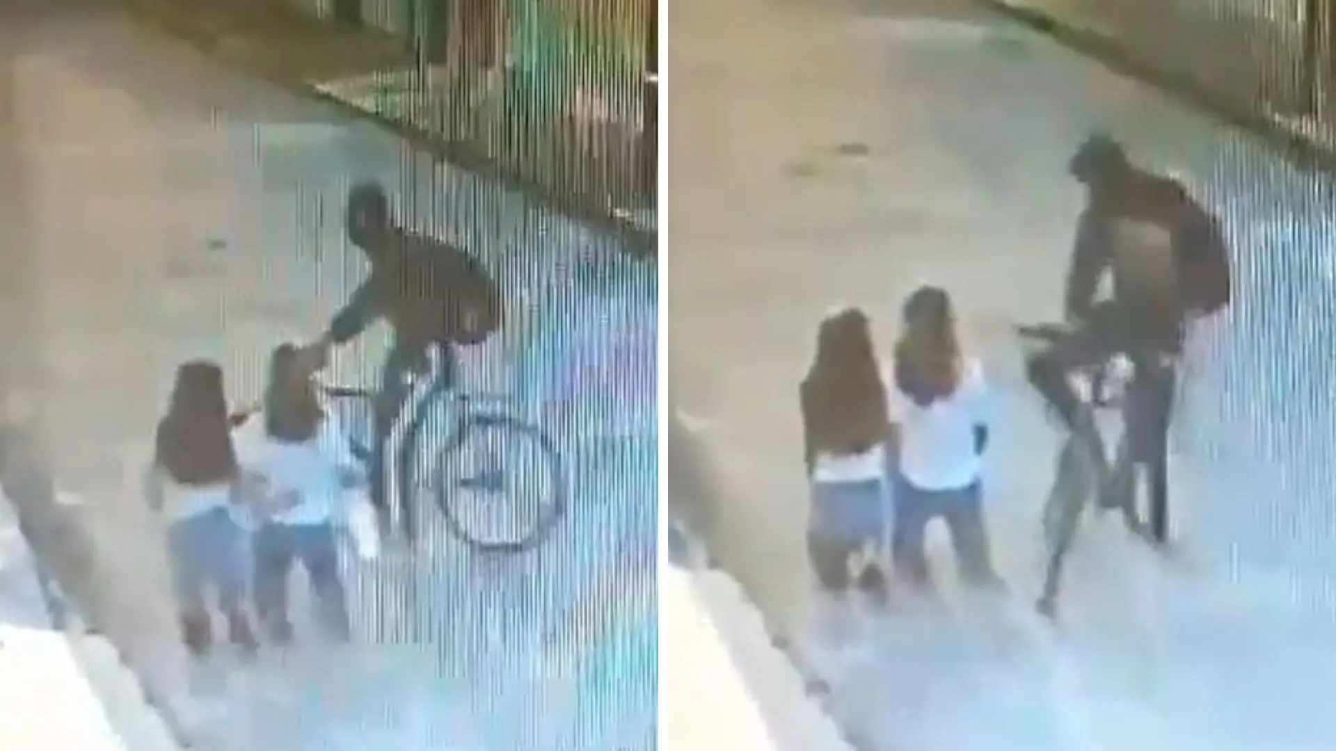 montagem com frames de vídeo mostrando assaltante em bicicleta e vítimas ajoelhadas