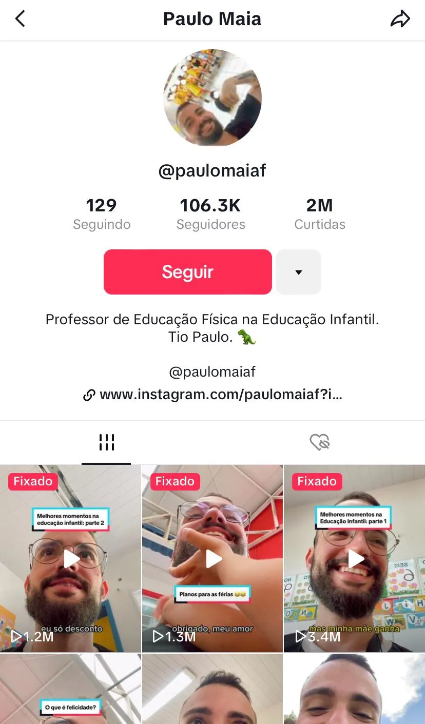 O perfil do professor no TikTok tem mais de 105 mil seguidores
