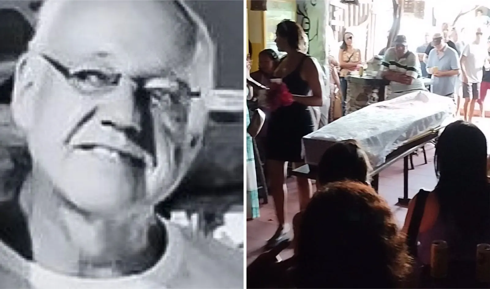 Montagem de fotos mostra Gerhard à esquerda e o velório à direita