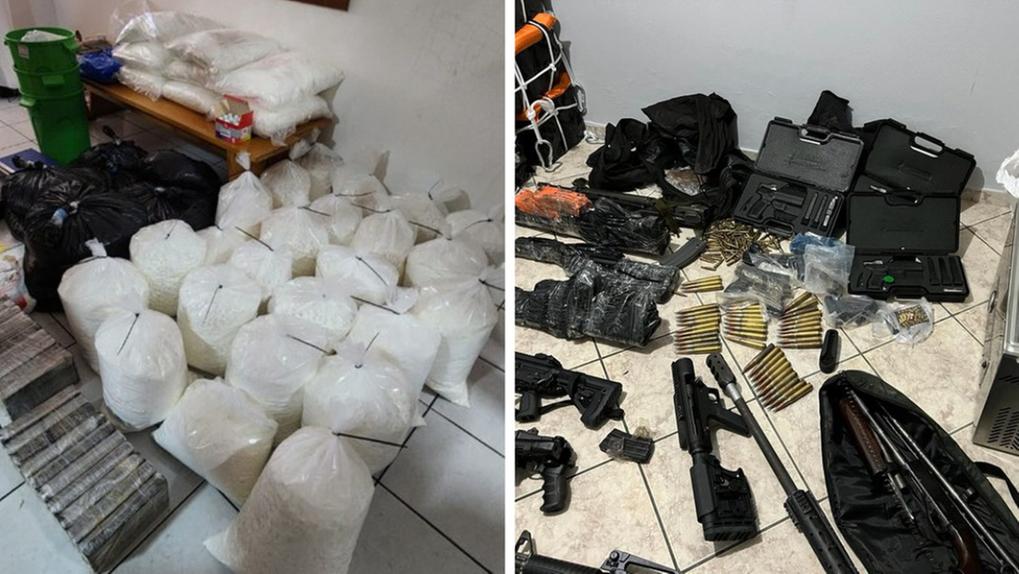 montagem de fotos de drogas e armas apreendidas pela Polícia Federal em cidades de Santa Catarina
