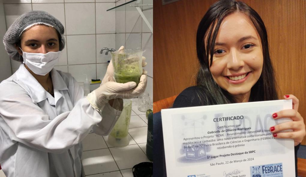 Na primeira foto, Gabrielle na produção do RCMC. Na segunda, a aluna com o certificado de uma das sete premiações que o projeto recebeu