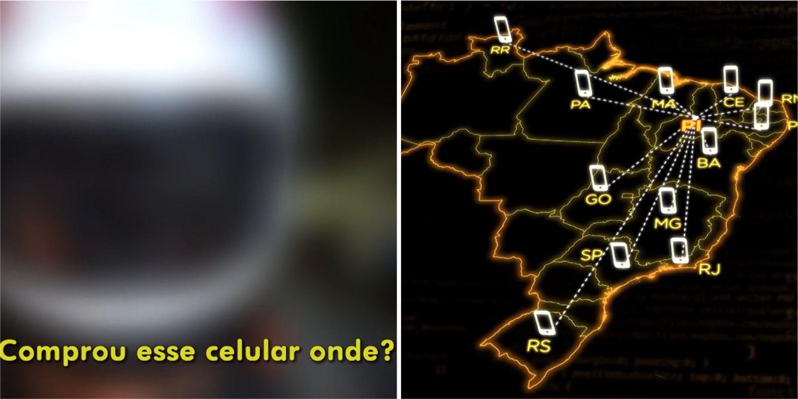 Montagem de fotos mostra frames da reportagem do Fantástico sobre recuperação de celulares roubados