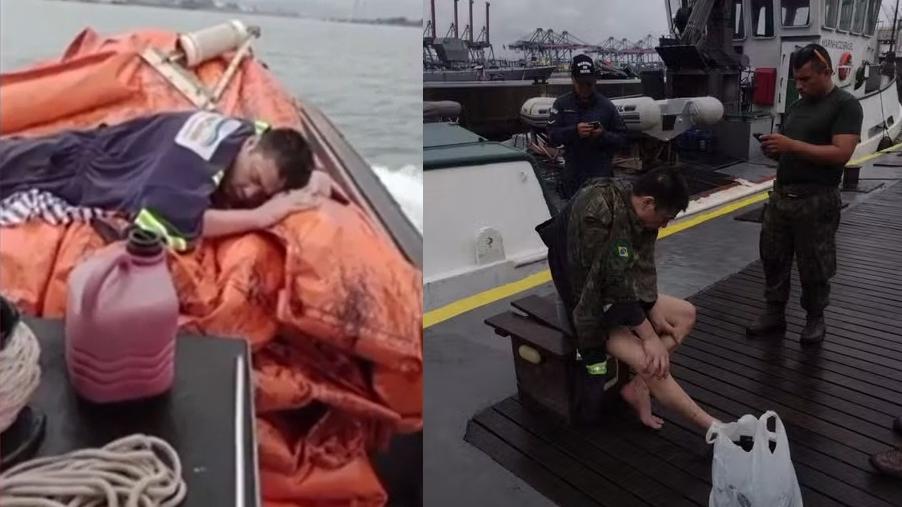 Cenas do resgate de um homem chinês que foi resgatado à deriva em Santos