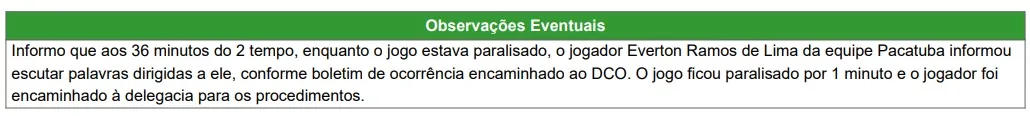 Árbitro registra em súmula reclamação de Éverton Pulmão sobre ofensas racistas.