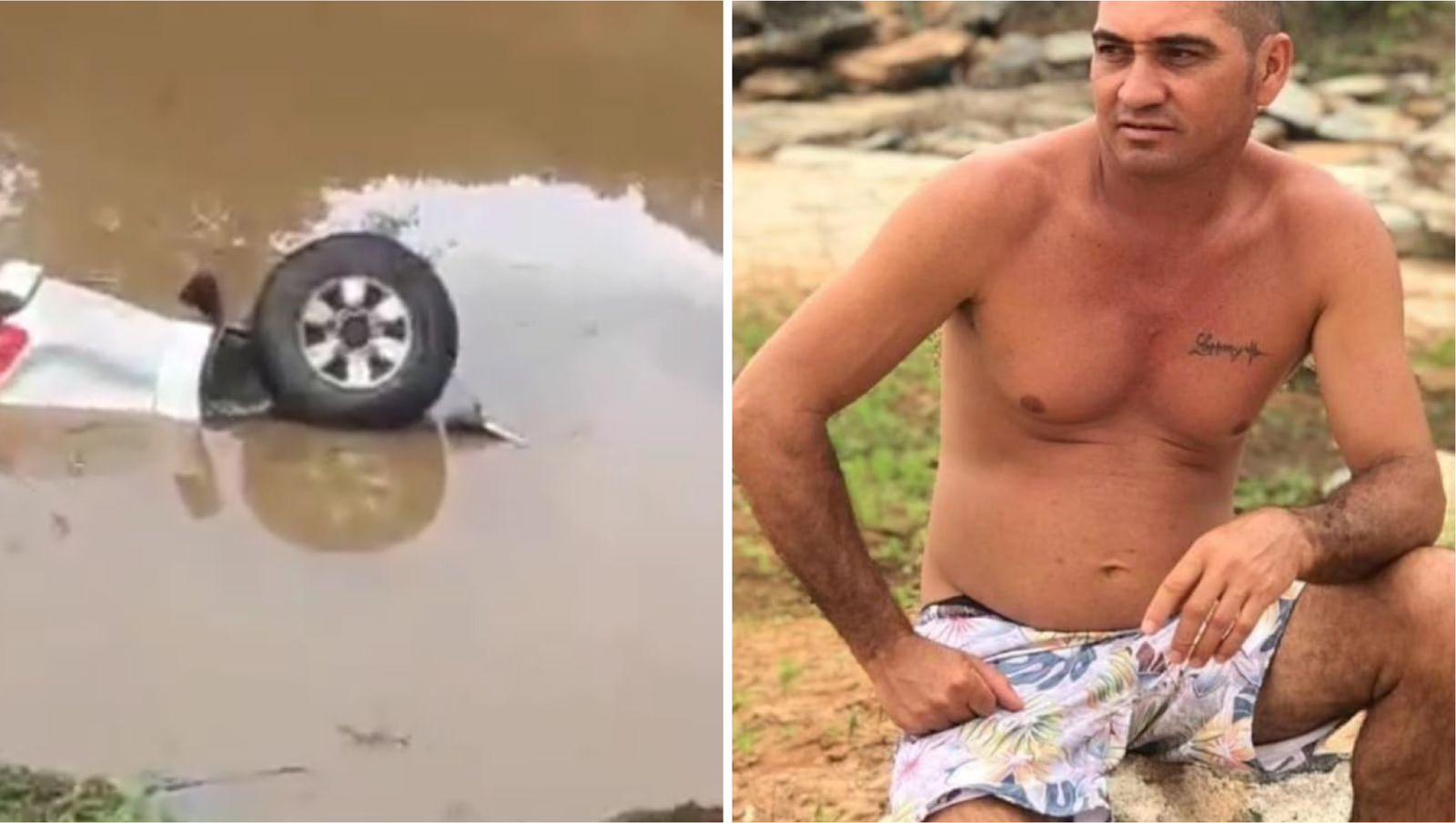 Montagem de fotos mostra carro no reservatório à esquerda e vítima à direita