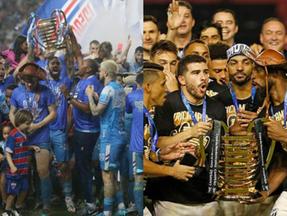 Foto de jogadores do Fortaleza e do Ceará com a taça da Copa do Nordeste