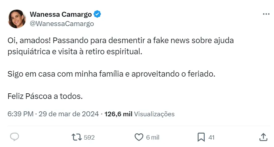 Post de Wanessa no X