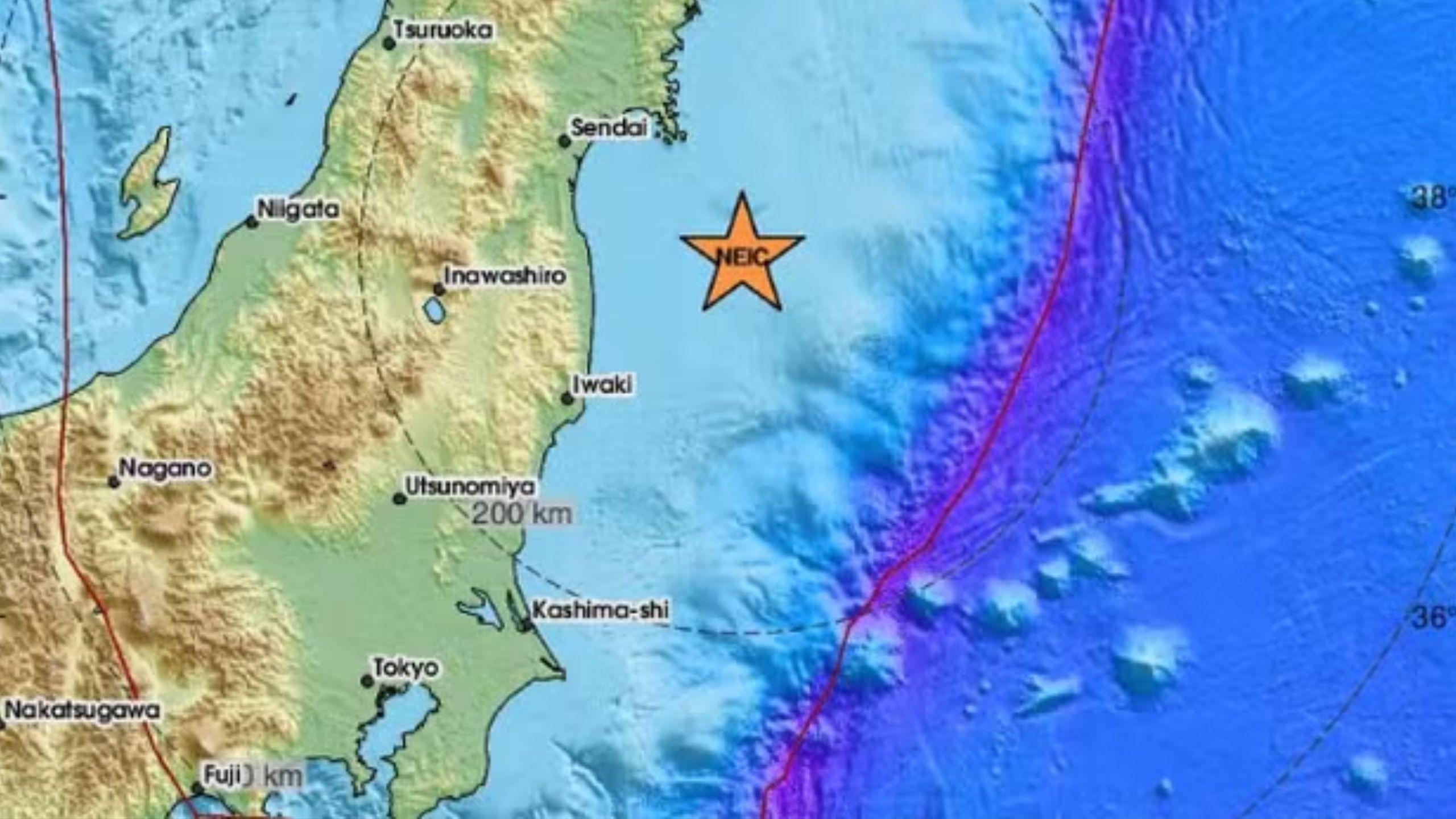 Imagem de satélite, gerada pelo EMSC, mostra epicentro de terremoto de magnitude 6 registrado no Japão em 4 de abril de 2024. Costa do Japão registra terremoto de magnitude 6 um dia após tremor em Taiwan