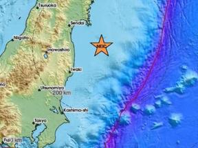 Imagem de satélite, gerada pelo EMSC, mostra epicentro de terremoto de magnitude 6 registrado no Japão em 4 de abril de 2024. Costa do Japão registra terremoto de magnitude 6 um dia após tremor em Taiwan