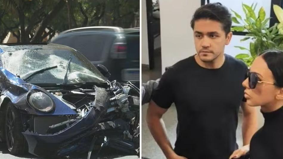 Montagem de fotos mostra Fernando à esquerda e o carro de luxo destruído à direita
