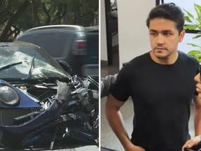 Montagem de fotos mostra Fernando à esquerda e o carro de luxo destruído à direita