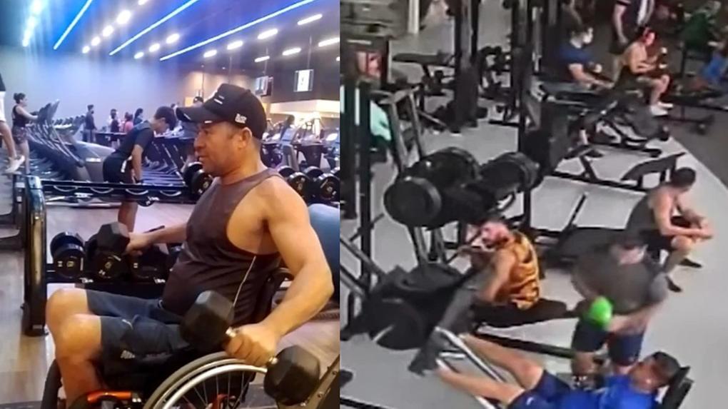 Montagem de duas fotos. À esquerda, uma imagem de Regilânio da Silva na academia, na cadeira de rodas, fazendo exercício com os braços. À direita, imagem da câmera de segurança que mostra momentos antes do acidente